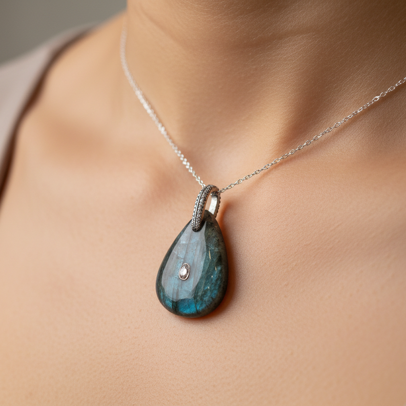 Teardrop-shaped pendant with a textured surface on a beige fabric background