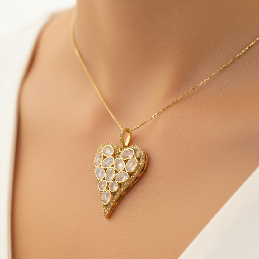 Heart-shaped pendant with embedded stones on a textured beige background