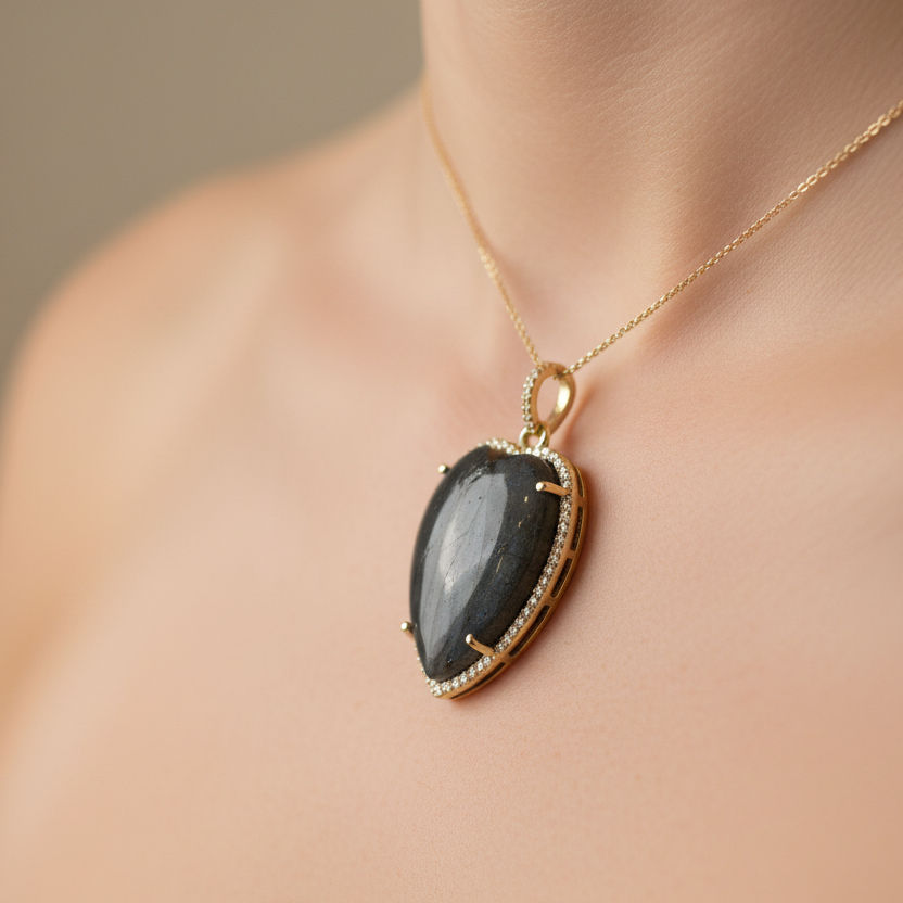 Black stone pendant with silver frame on beige fabric background