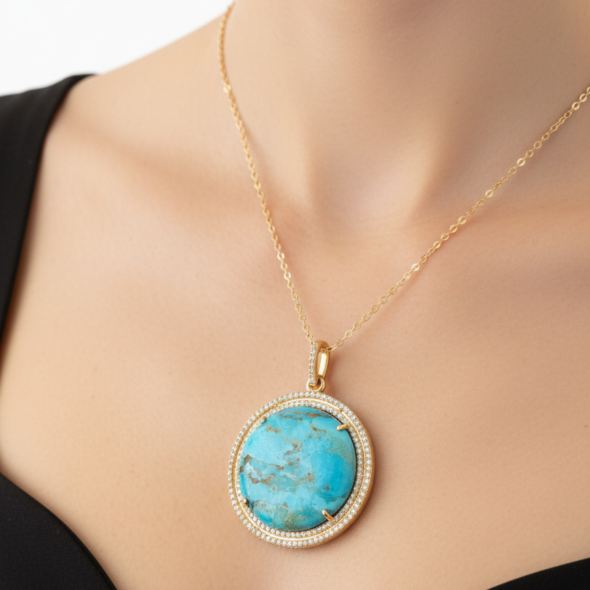 Turquoise pendant with gold frame on a textured beige background
