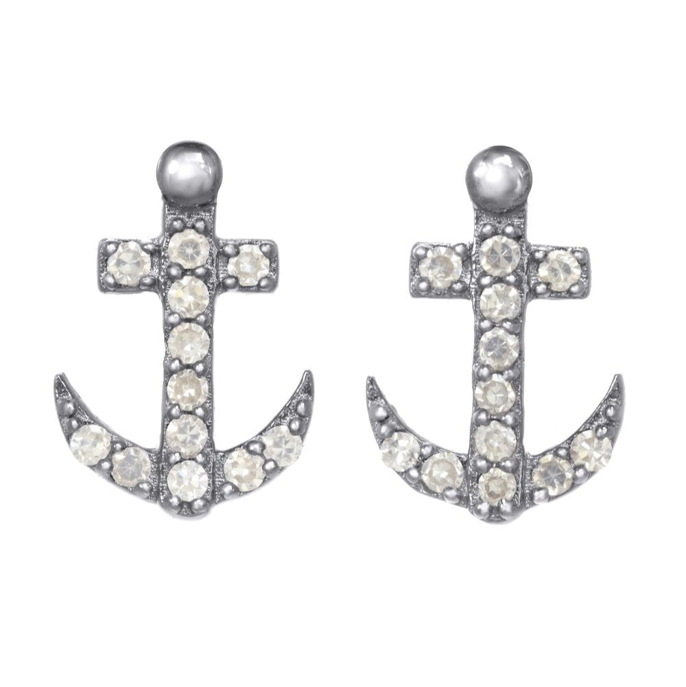 Anchor-shaped earrings with gemstones on a white background