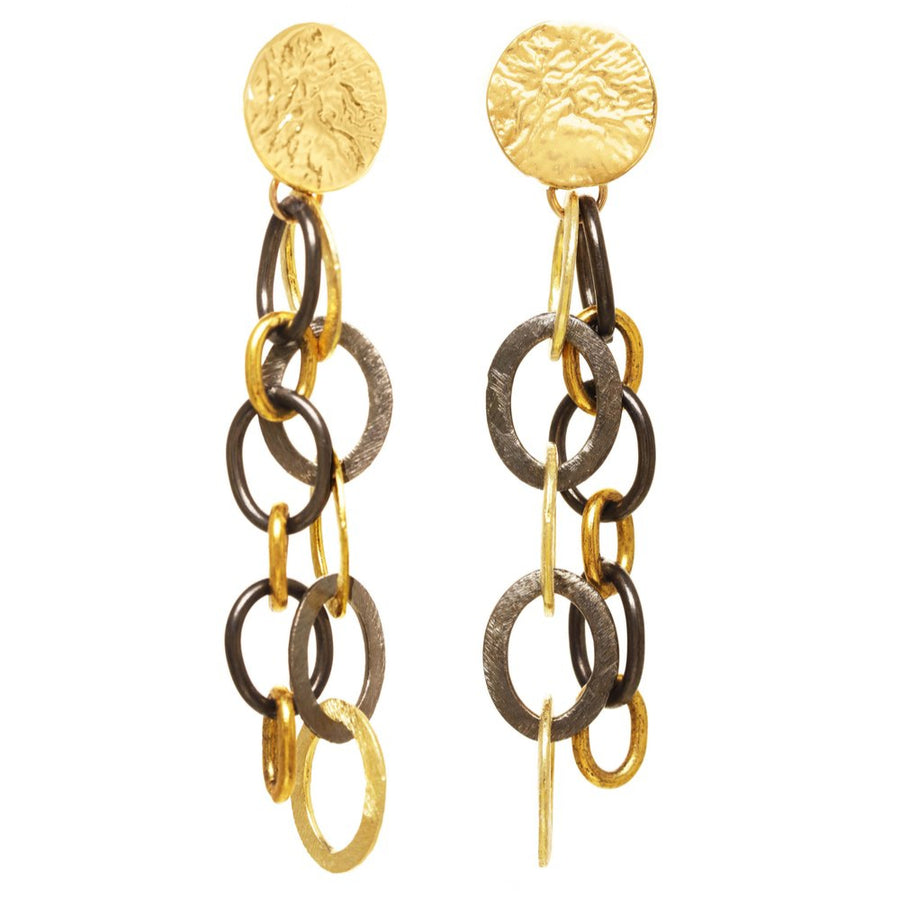 Gold and bronze chain earrings on a white background