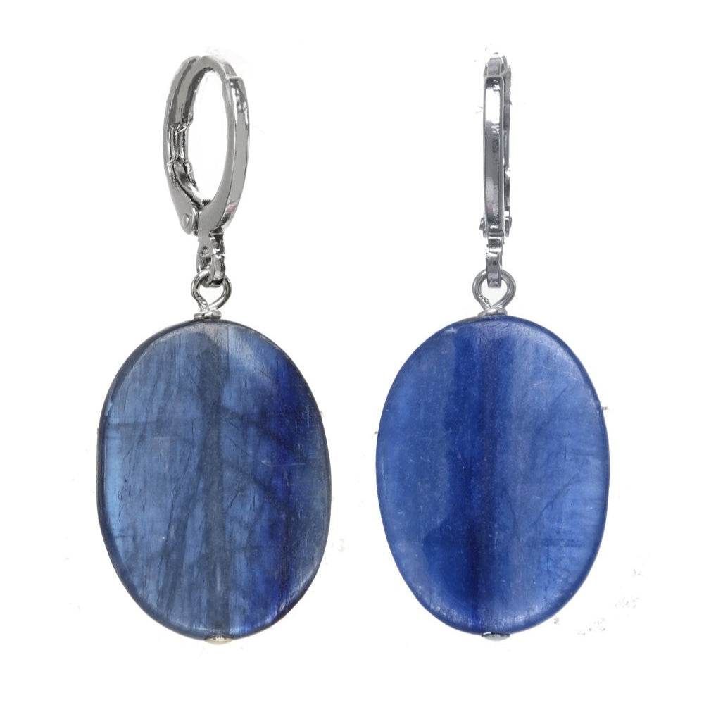 Blue oval stone earrings with silver hooks on a white background