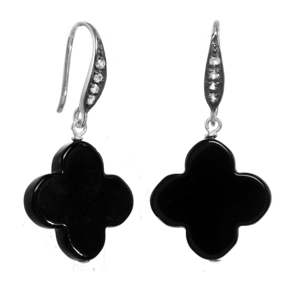 Black clover-shaped earrings with silver hooks on a white background