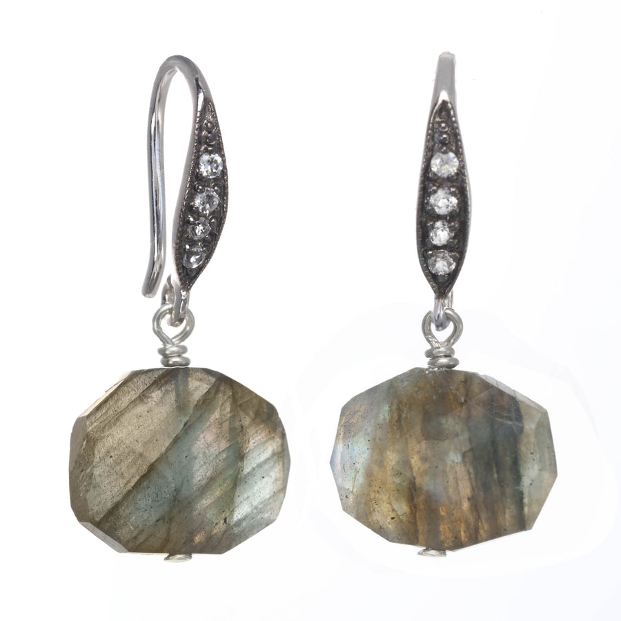 Pair of Labradorite earrings with silver hooks on a white background