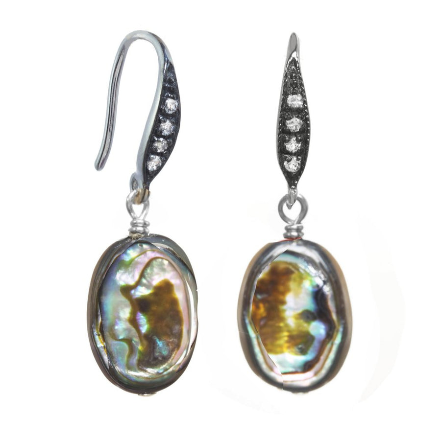 Pair of earrings with abalone shell stones on a white background