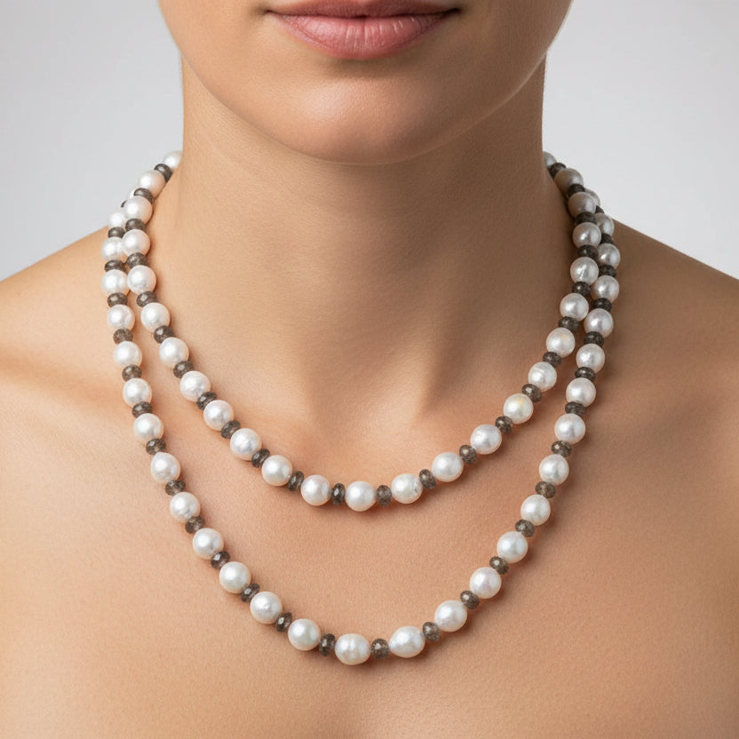Two-layered pearl necklace on a white background