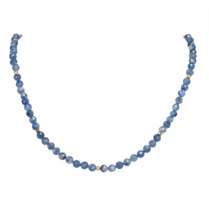 Blue beaded necklace on a white background