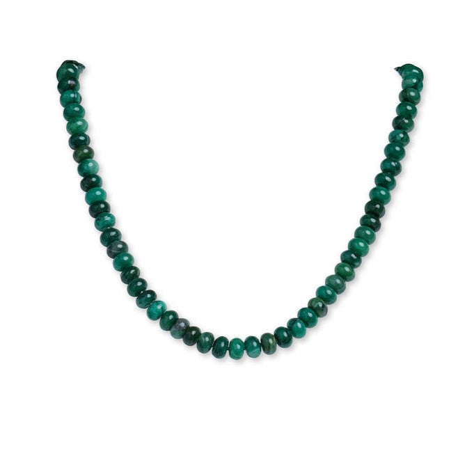 Green beaded necklace on a white background