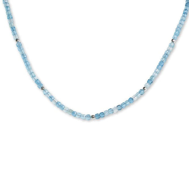 Necklace with small blue beads on a white background