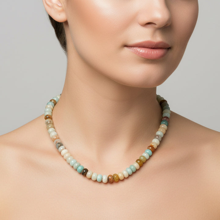 Necklace with multicolored beads on a white background