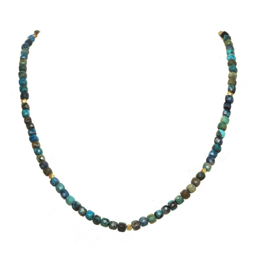 Beaded necklace with multicolored beads on a white background