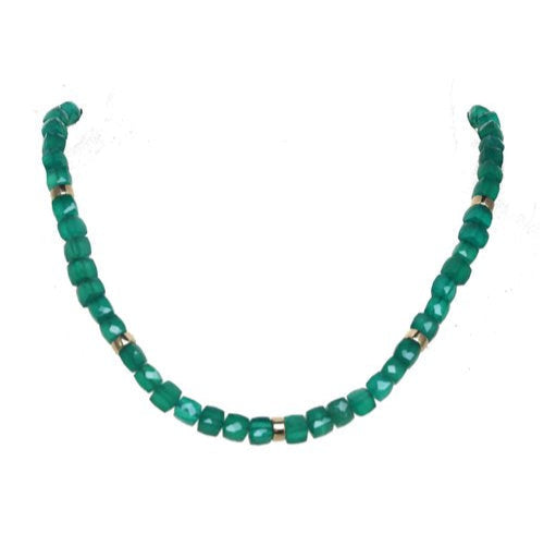 Green beaded necklace on a white background
