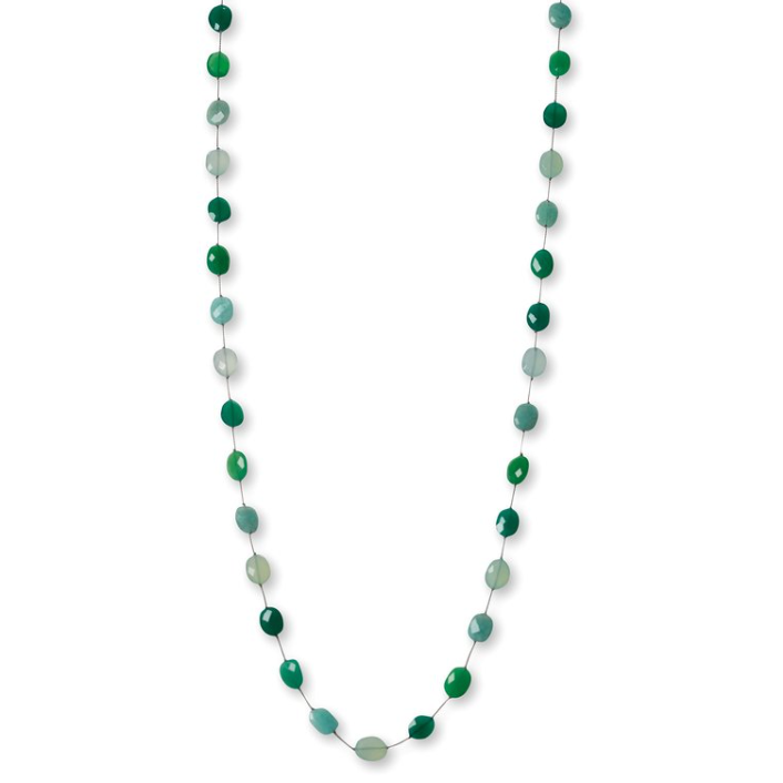 Long necklace with green and gray beads on a white background