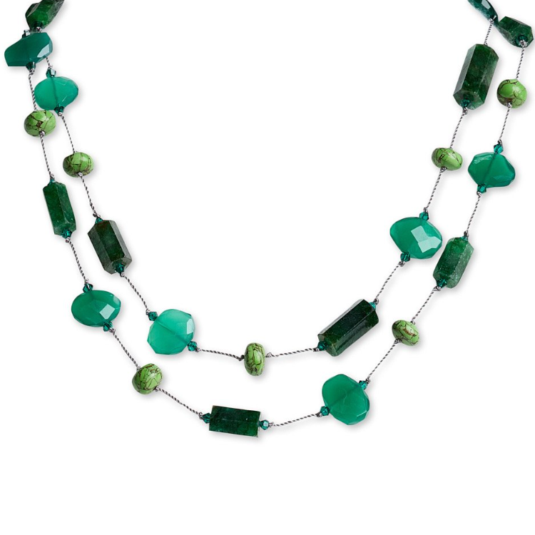 Green beaded necklace on a white background