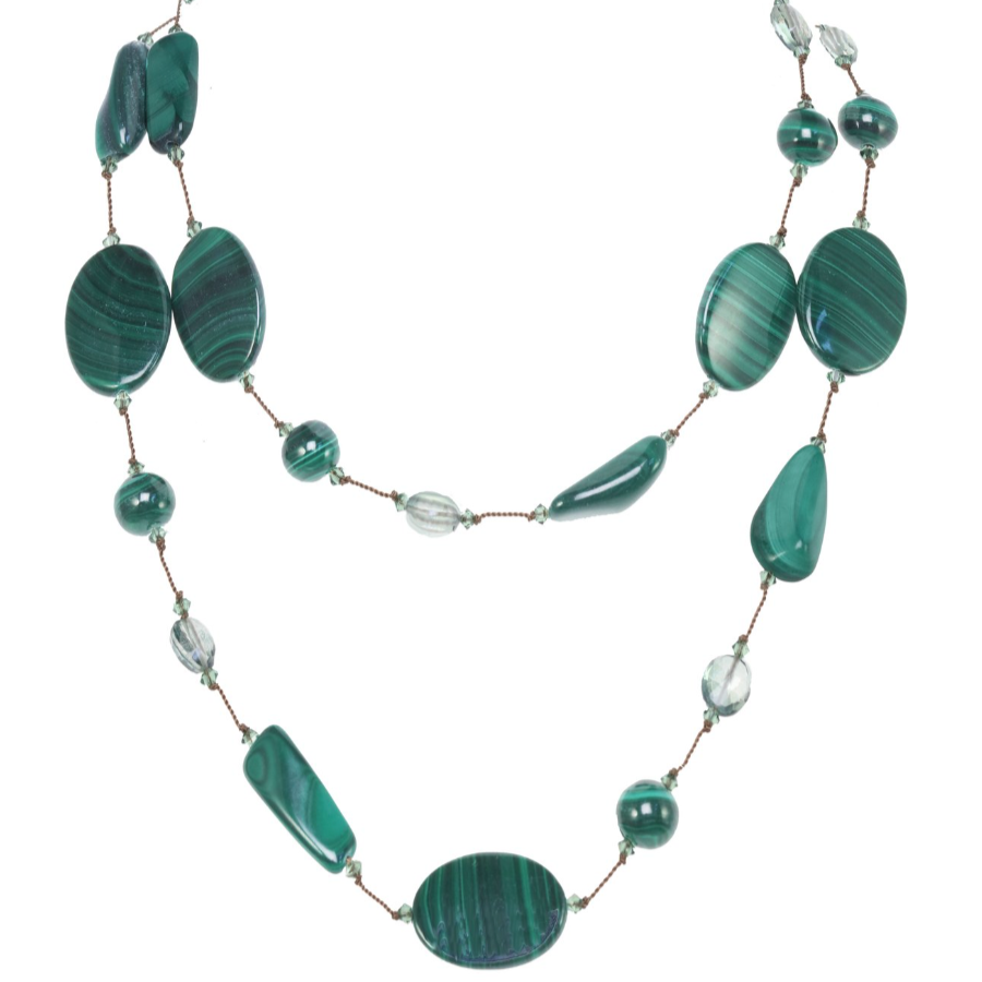 Necklace with green beads on a white background