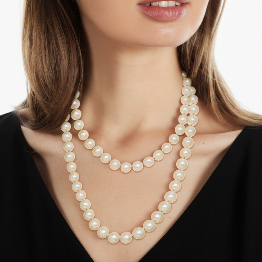 Pearl necklace worn by a person against a black background