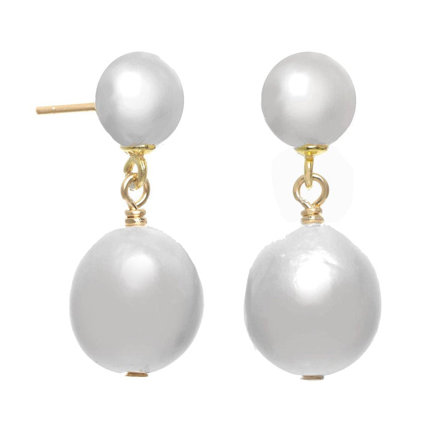 Pair of pearl earrings with gold hooks on a white background