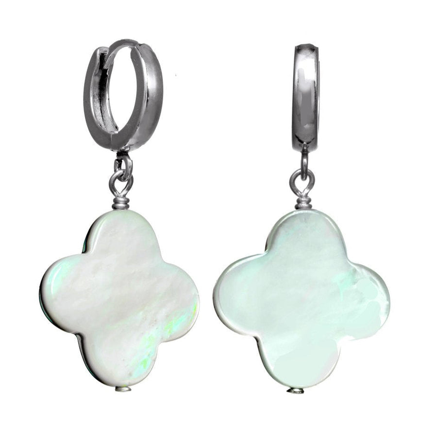 Pair of earrings with light green clover-shaped stones on a white background